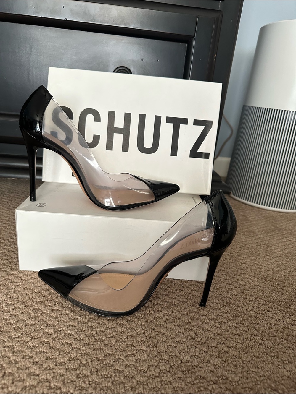 Schutz Women's Black Patent and Clear Pointed Toe Stiletto Pumps